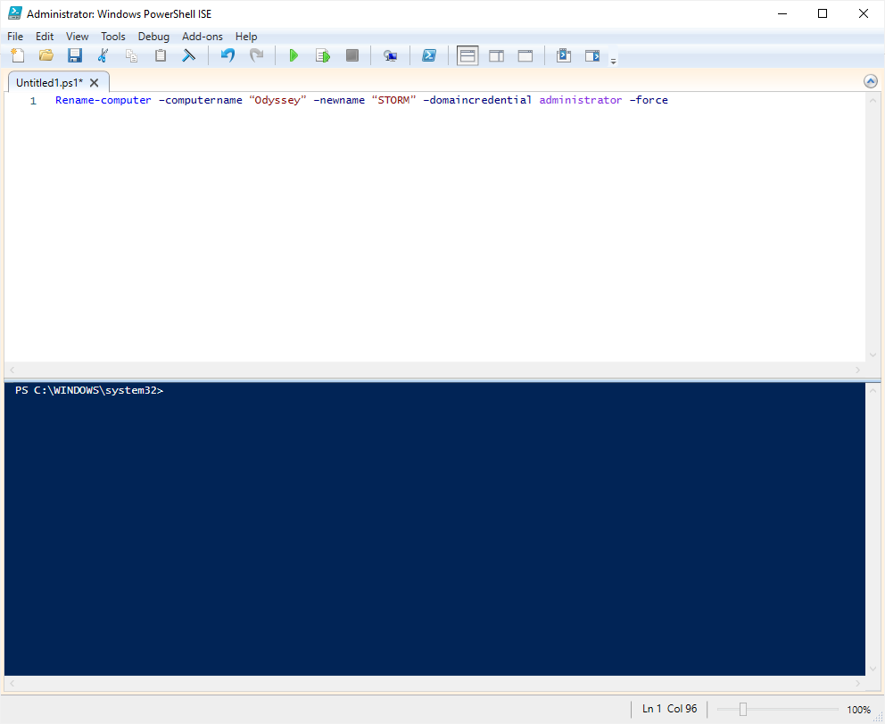 Powershell ISE window showing the command